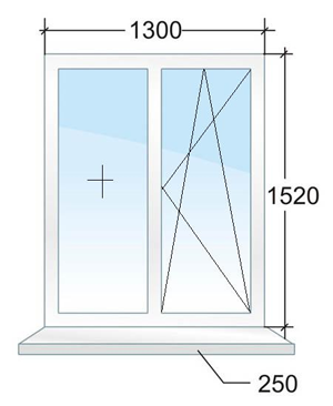 двухстворчатое окно размера 1300 х 1520 мм.